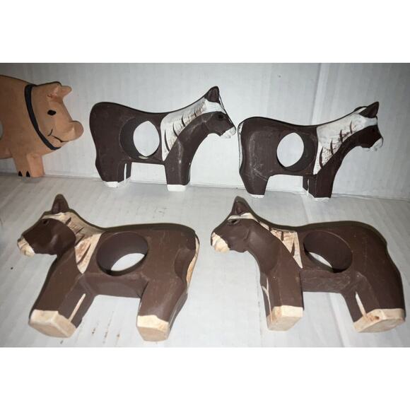 VINTAGE 8 Wooden Napkin Rings Rustic Farm Animals 3" hand painted Cat, pig,horse - Picture 7 of 8